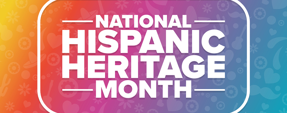Multicolored banner with blocky white text announcing National Hispanic Heritage Month