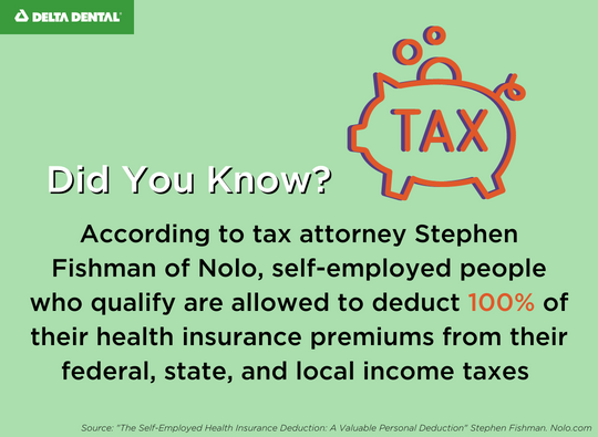 self-employed people who qualify are allowed to deduct 100% of their health insurance premiums (including dental and long-term care coverage) for themselves, their spouses, their dependents, and any nondependent children aged 26 or younger at the end of the year.