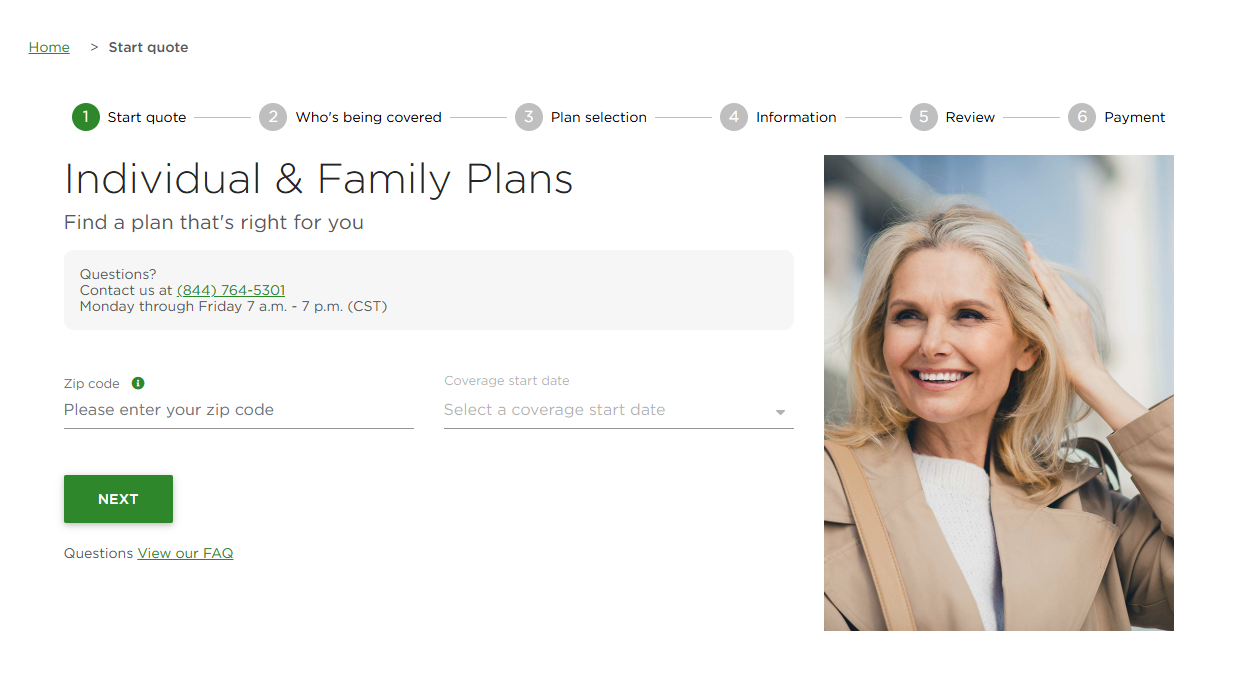 Step 1: enter zip code and coverage start date image example