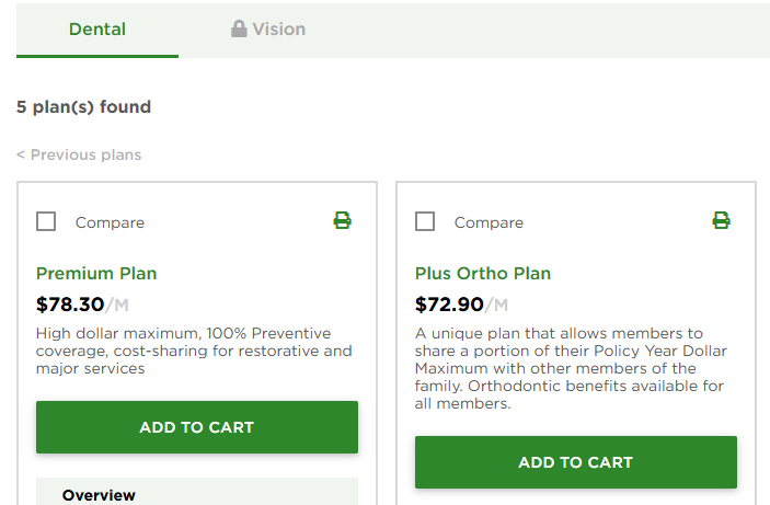 Step 3: review and select Dental and Vision plans. Vision cannot be selected without dental - dental example image