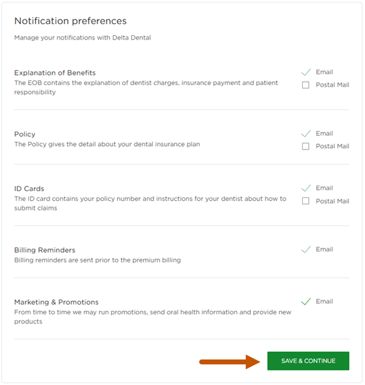Notification preferences page with email options selected and Save & Continue button highlighted.